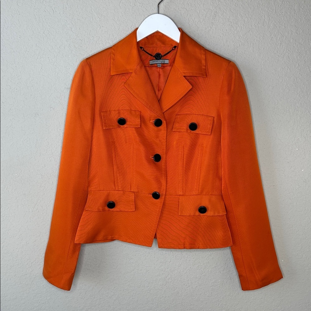 Anne Klein New York 100% Silk Orange Blazer Jacket Peplum Hem Fully Lined Size 4